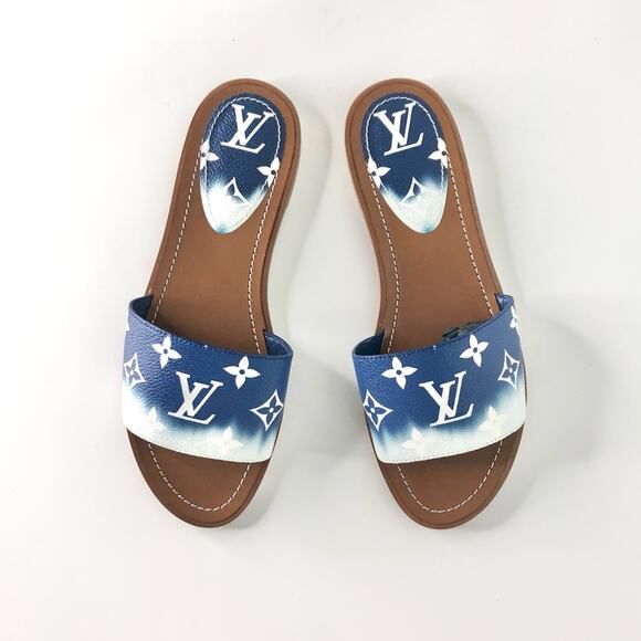 Louis Vuitton Escale Lock It Blue Monogram Slides Mule Flats 37.5 - Picture 2 of 10